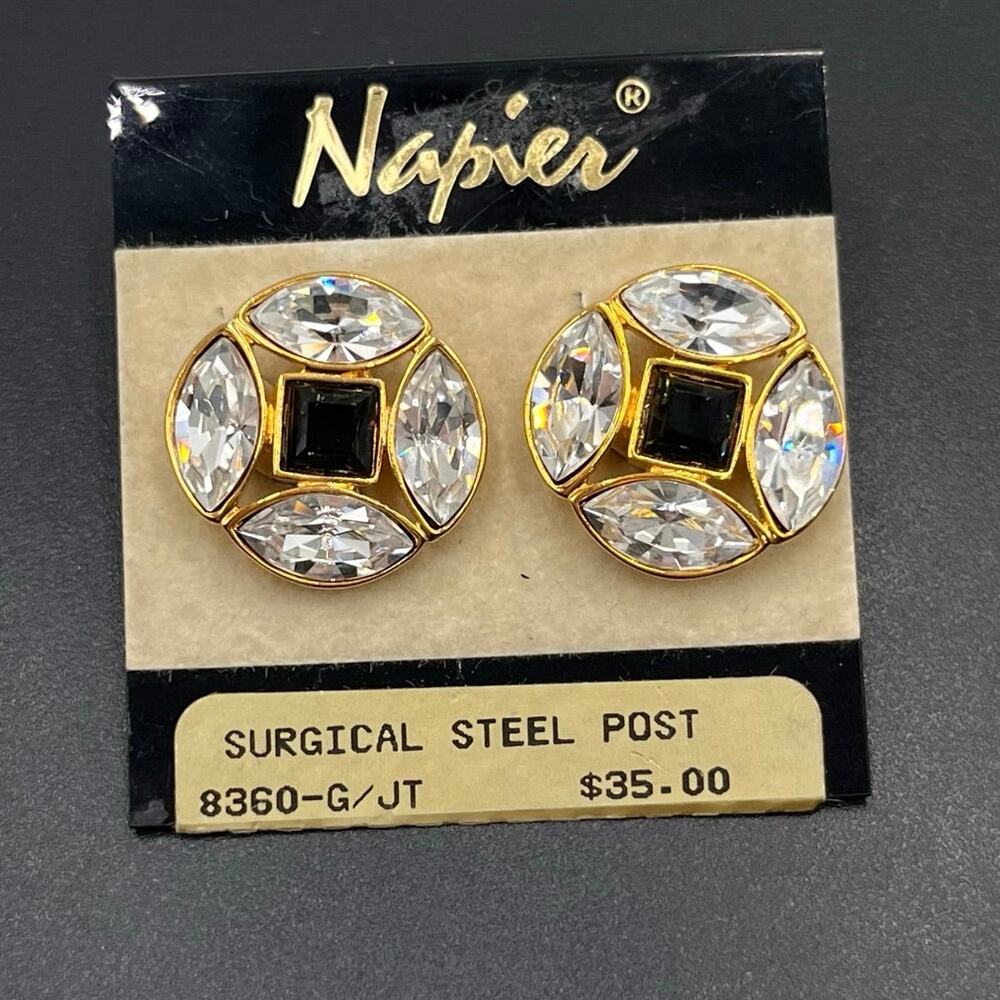Napier Signed Vintage Deadstock Black Clear Rhinestone Pierced Earrings New‎